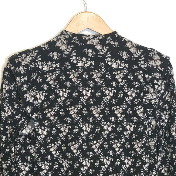 AllSaints Silk Floral Ruffle Long Sleeve Button Down Blouse Black Sz2 Chic Femme - Picture 10 of 16